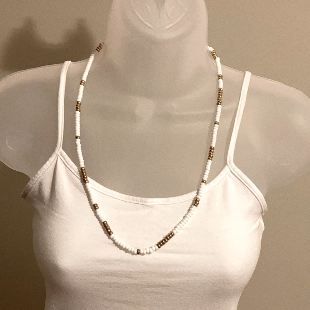 White and gold beaded necklace, 24”